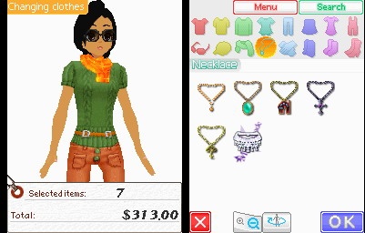 A screenshot from Style Savvy. On the right are five different necklaces to choose from, on the left is a female avatar shown from mid-thigh up. She has a tiny waist and narrow hips.