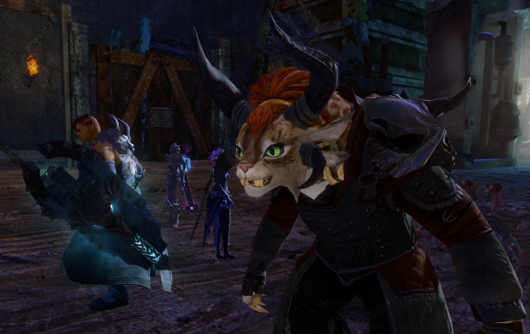 A screenshot from Guild Wars 2 showing Braham, a male Norn, on the left, and Rox, a female charr, on the right in the foreground.