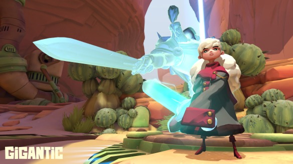 A screenshot from Gigantic of Aisling, a 10-yr-old girl with white hair, an oversized coat, and a huge sword. A large ghost soldier floats behind her.