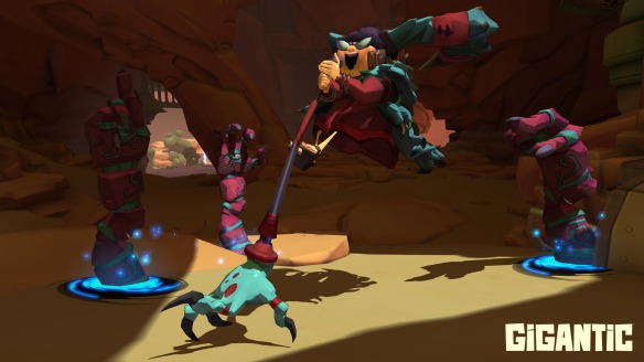A screenshot from Gigantic showing Griselma, a tiny old lady, leaping into the air, surrounded by strange creatures.