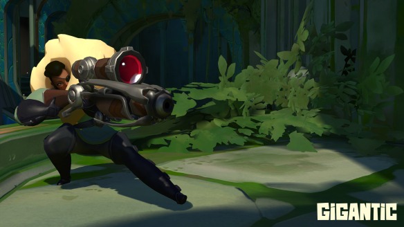 A screenshot from Gigantic showing a black woman with a huge fur collar aiming down a crossbow scope.